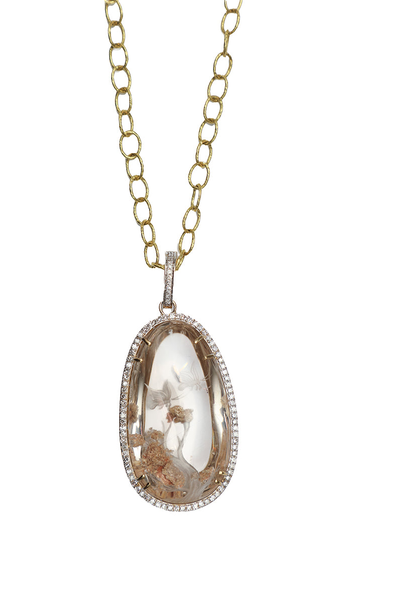 Quartz Crystal Intaglio Butterflies on the Tree Pendant in 14K Gold & Brilliant cut Diamond-Neck Pendant-Gretchen Ventura