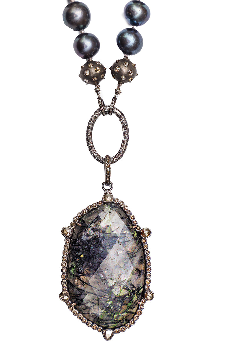 Black Rutilated Quartz & Diamond Pendant-Necklaces-Gretchen Ventura