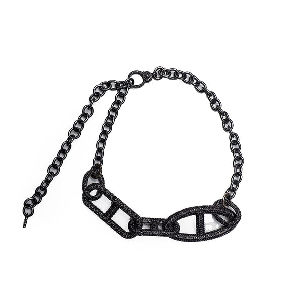 Black Spinel Oval & Squared H link Rockstar Necklace