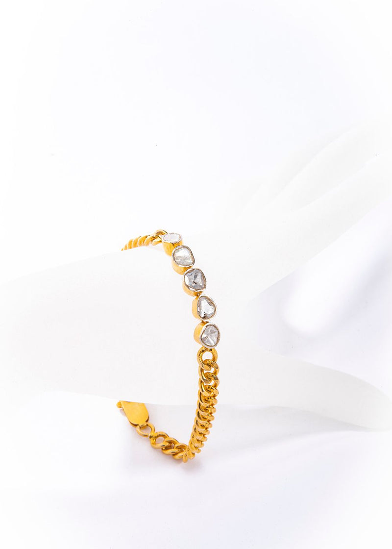 Gold Plate over Sterling Silver Curb Chain Rose Cut Diamond Bracelet (1.5C)#2878-Bracelets-Gretchen Ventura