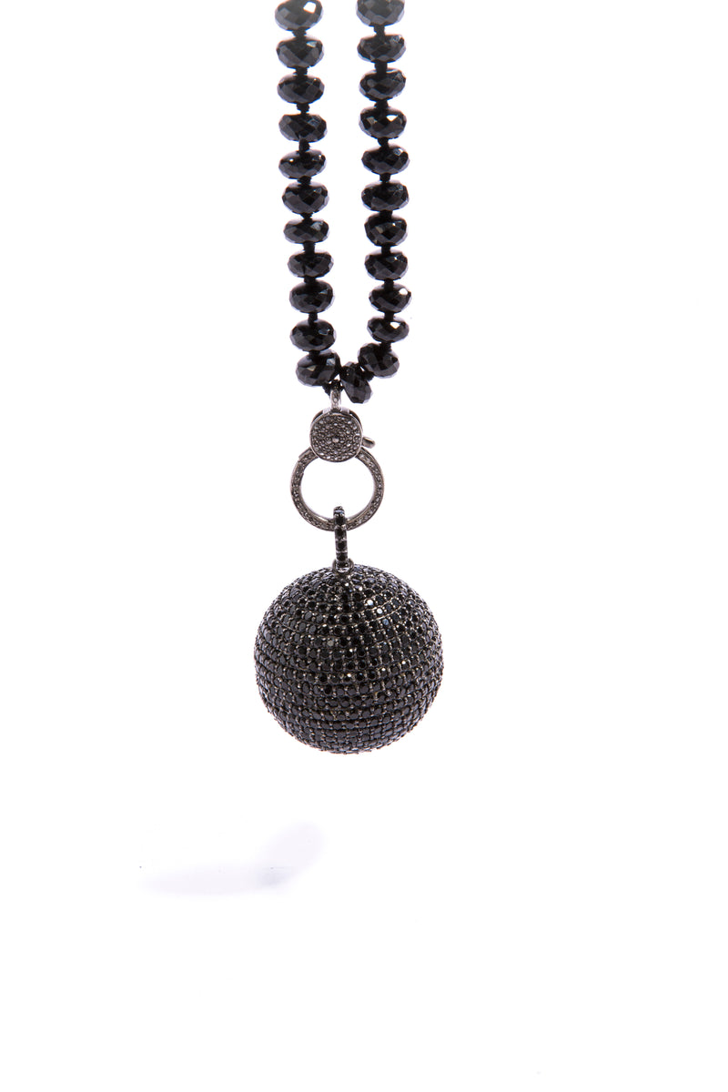 Black Spinel Ball on Diamond Cut Faceted Black Spinel w/ Diamond Lobster Clasp #9497-Necklaces-Gretchen Ventura
