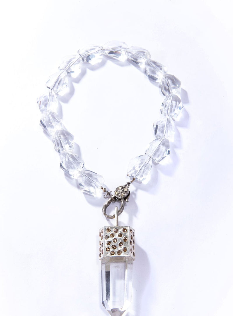 Raw Crystal Capped in Sterling & Raw Diamond w/ Rock Quartz Crystals & Diamond Clasp (17"+ 3.75")-Necklaces-Gretchen Ventura