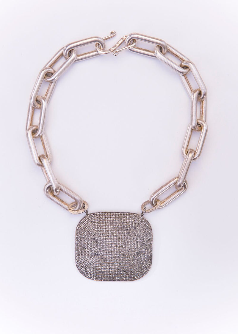 Diamond Plate On Acid Washed Sterling Silver GV Link Necklace W/ GV Clasp (16"+2") #9012-Necklaces-Gretchen Ventura
