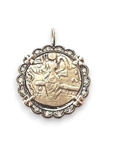 Ancient Indian Kushan Empire coin (8.1g 14-16k) C. 380-385 Laxmi seated Goddess of Wealth & Abundance & Kidara Praying over Alter (G11.6 g, SS11.1g, D .44C, 1.25") #9659-Neck Pendant-Gretchen Ventura