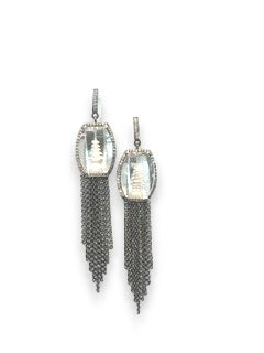 Crystal Pagoda Intaglio Earrings w/ Brilliant Diamonds (.8c)& Sterling Silver (17.33g) Fringe #3533-Earrings-Gretchen Ventura