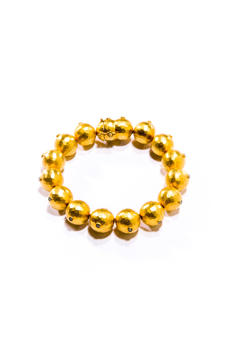 24K Matte Gold Fused (20 microns) Over Sterling (40g) Small Hand forged Ball Chain W/ Brilliant Cut (H-VS) Diamond (.3C) Bracelet #2339-Bracelets-Gretchen Ventura
