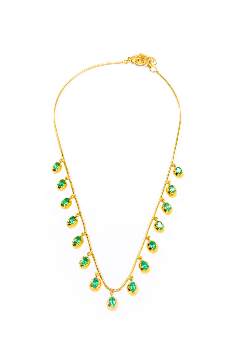 14K Gold Vermeil Snake Chain W/ Rose Cut Emerald (3.46CC) Drops & Diamond (.2C) Clasp Necklace (16"-18") #9575-Necklaces-Gretchen Ventura