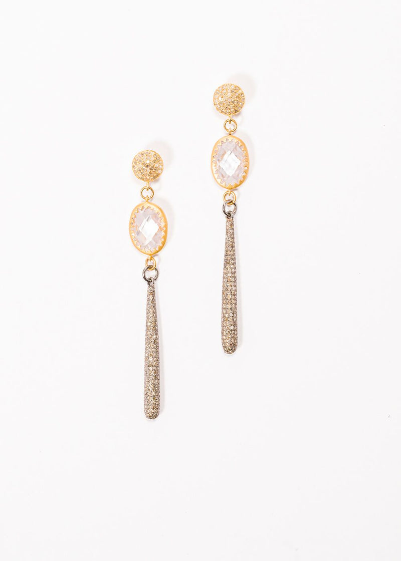 Gold plate Over Sterling Faceted Crystal, Diamond Drop Earrings on Diamond Post (3")-Gretchen Ventura