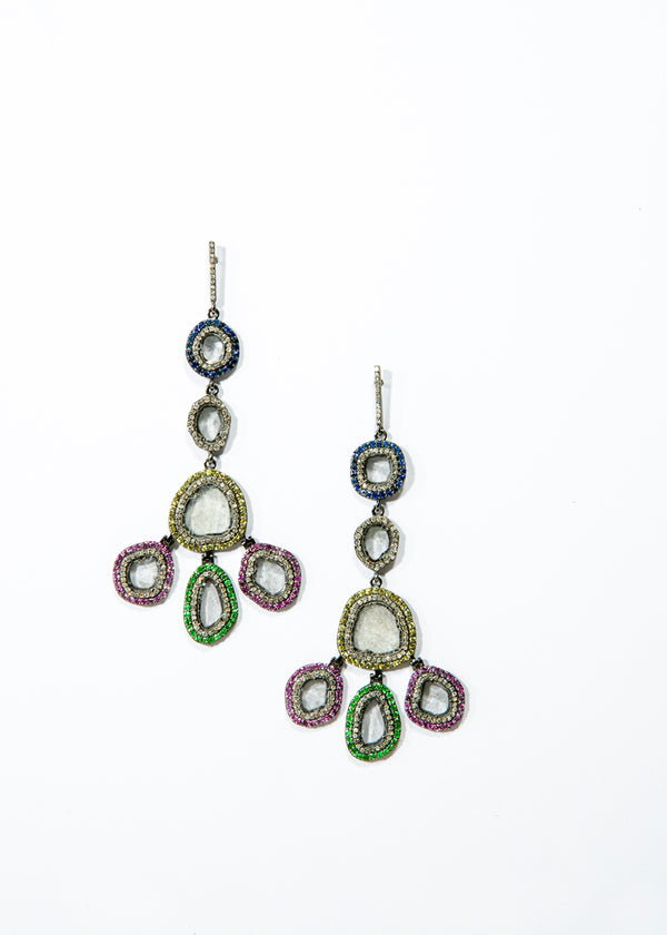 Diamond Slice, Diamond(5.47 C) Drops Surrounded by Multi Colored Sapphires (3.38C) in 14K Gold #3475-Earrings-Gretchen Ventura