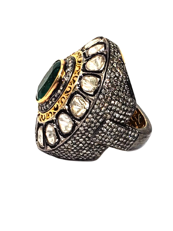 Antique Oval Cut Emerald (4.75c), Rose Cut & Pave Diamonds (5.25c) 18K Gold & SS Ring Size 8 #5054-Rings-Gretchen Ventura