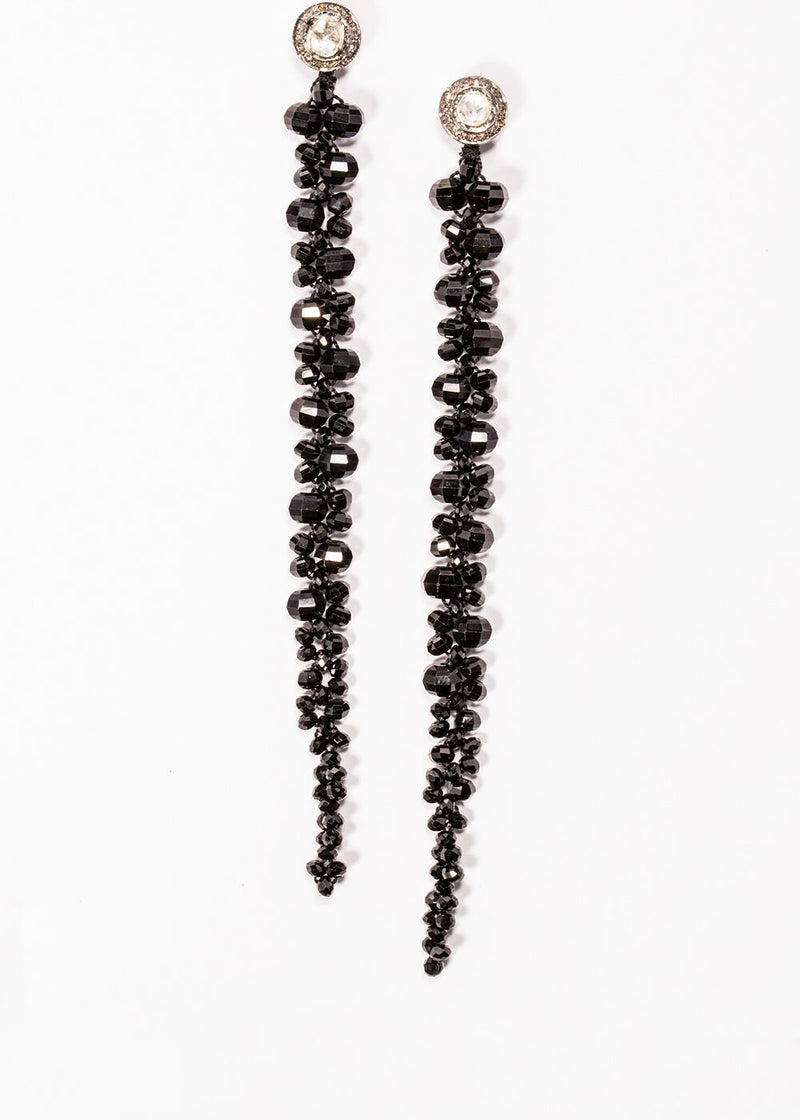Diamond Cut Black Spinel Macrame Earrings on Rose Cut & Diamond Post (5.5") #3351-Earrings-Gretchen Ventura