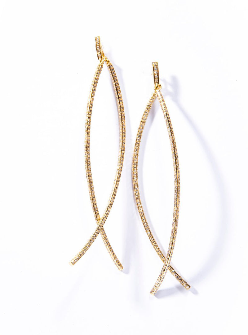 Gold Plate over Sterling Silver w/ Single Cut Diamond Wave Earrings (4.26 C) 3.75" #3491-Earrings-Gretchen Ventura