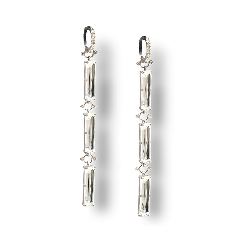 Emerald Shape White Topaz (17.4C) in White Gold (6.9g) Brilliant Cut Diamond (.18C) Earring Drop #3536-Earrings-Gretchen Ventura