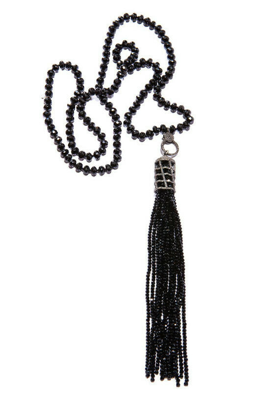 Diamond Faceted Black Spinel Choker & Diamond Cage w/Faceted Black Spinel Tassel #1957-Necklaces-Gretchen Ventura