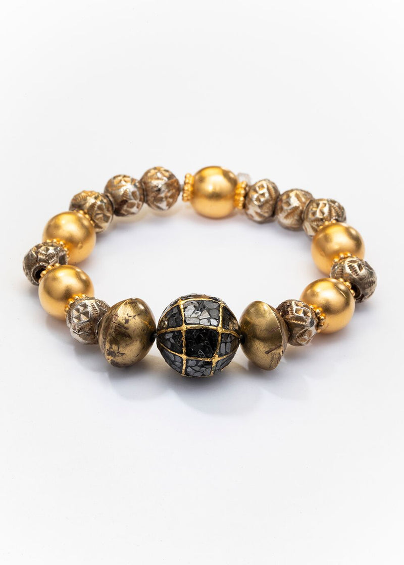 Brass Ethiopian Beads w/ Gold Plate Antique Bead from India & Gold & Black Raw Diamond Bead #2664-Bracelets-Gretchen Ventura