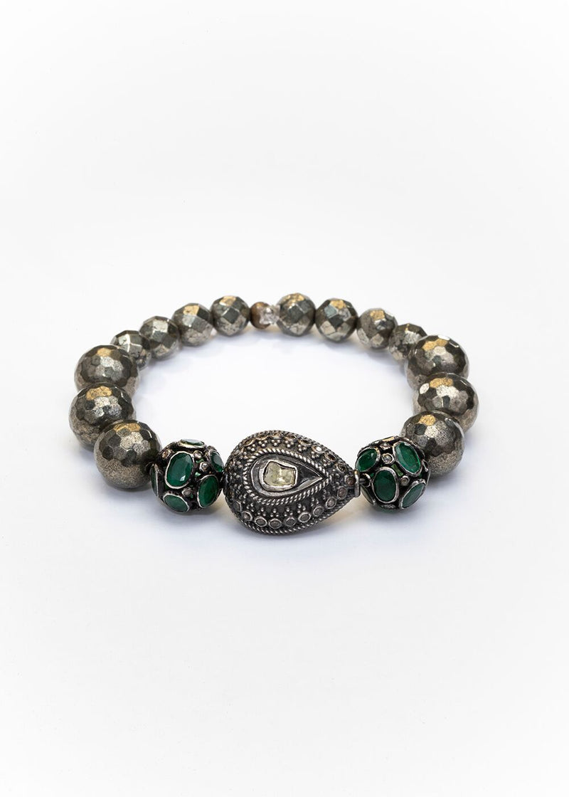 Rose Cut Diamond Bead w/ Emerald & Diamond Bead & Faceted Pyrite Bracelet #2667-Bracelets-Gretchen Ventura