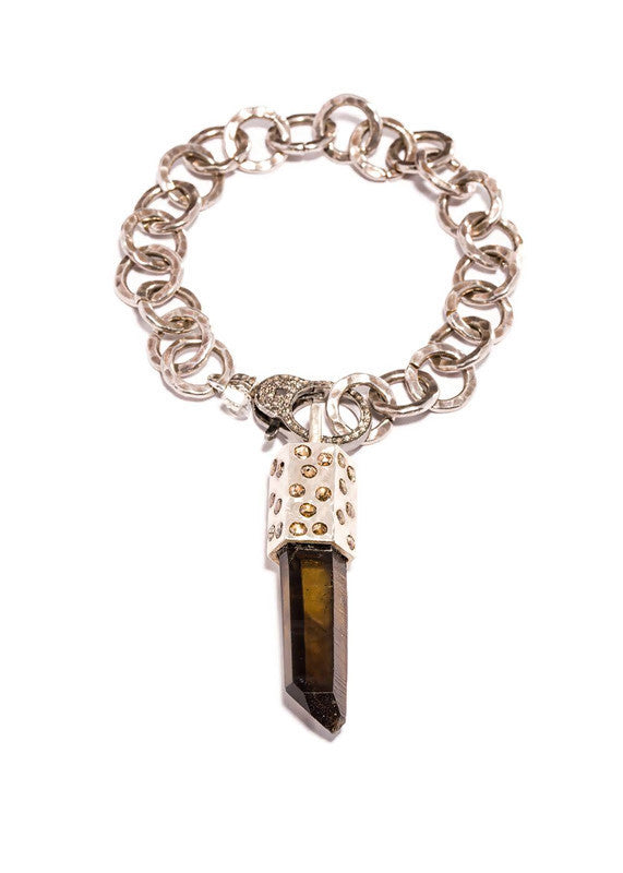 Smoky Quartz Crystal Pendant Capped w/SS & CF Diamond Slice & Hand Hammered Sterling Chain #2803-Bracelets-Gretchen Ventura