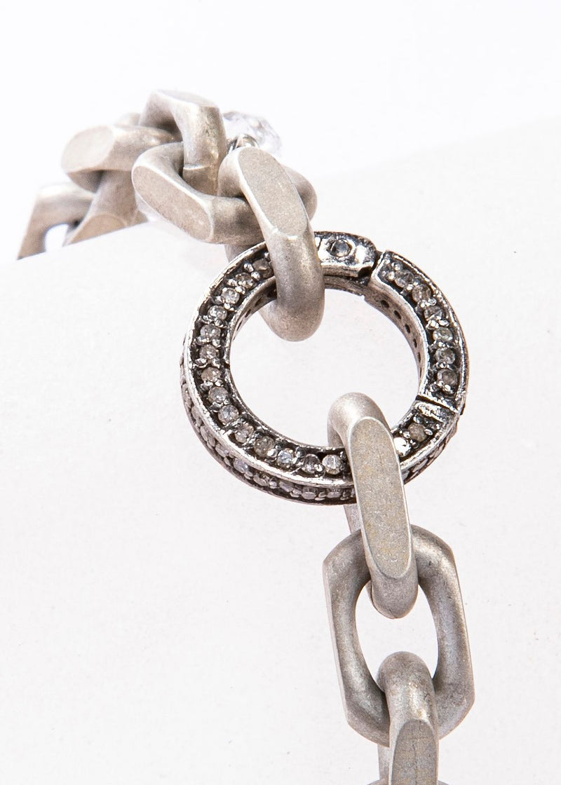 Matte Sterling Silver Link Chain Bracelet w/ Pave Diamond Round Clasp #2873-Bracelets-Gretchen Ventura
