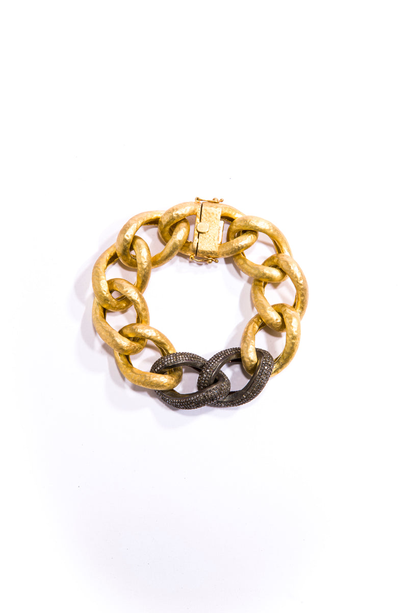 Gold Plate Hand Hammered Silver & Pave Diamond Curb Link Chain Bracelet #2895-Bracelets-Gretchen Ventura