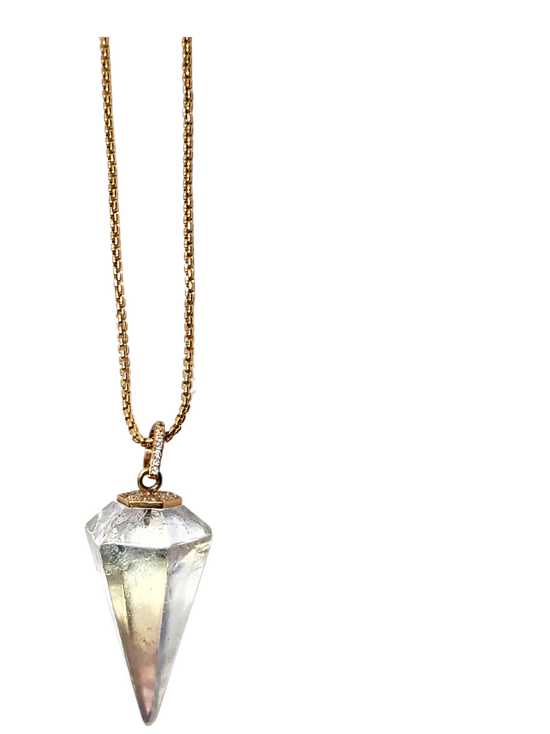 Aura Quartz Crystal W/ Diamonds (.29 C) Cap in 14K Gold (12.74g) Pendulum Used For Divination (2" x 1") #9527-Neck Pendant-Gretchen Ventura