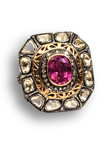 Antique Pink Tourmaline (9.15c) Rose Cut & Pave Diamonds (4.75c) w/ Pave Diamond Band in 18K Gold Ring Size 8 #5055-Rings-Gretchen Ventura