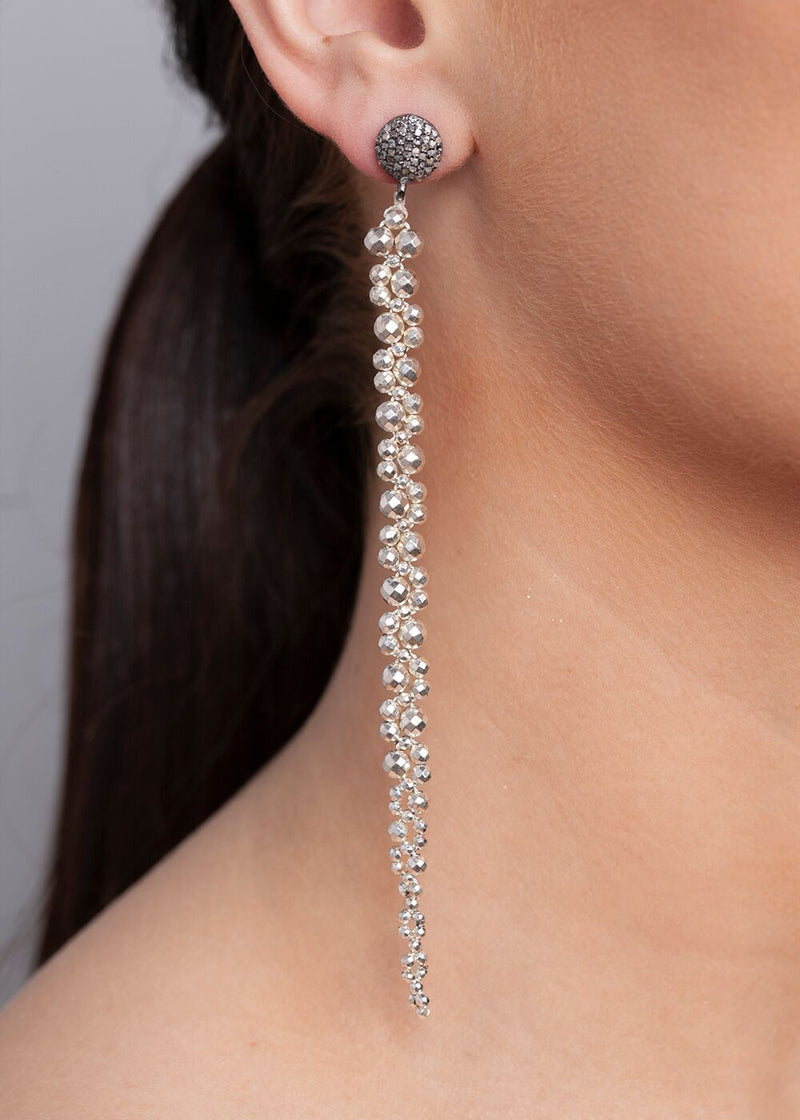 Faceted Pyrite & Sterling Beads Earrings on Rose Cut & Diamond Post (5.5")-Earrings-Gretchen Ventura