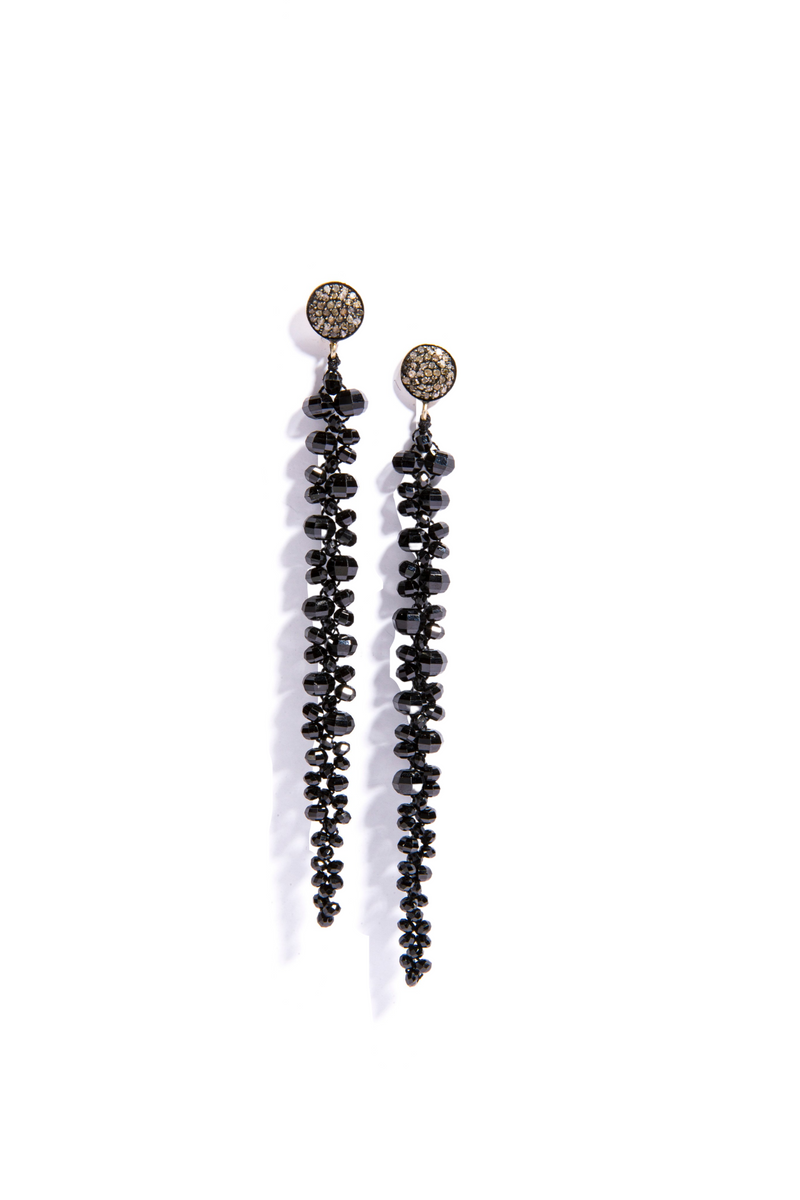 Diamond Cut Black Spinel Macrame Earrings on Rose Cut Diamond (0.81 C) Post (4.5") #3341-Earrings-Gretchen Ventura