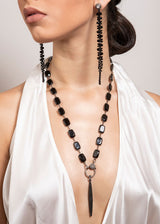 Diamond Cut Black Spinel Macrame Earrings on Rose Cut & Diamond Post (4.5")-Earrings-Gretchen Ventura
