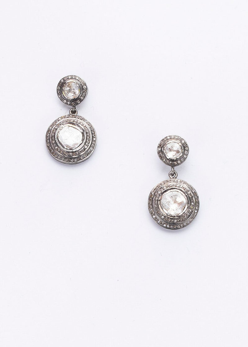 Diamond & Rose cut Pave Round Drop Earrings (1.43 C) #3397-Earrings-Gretchen Ventura