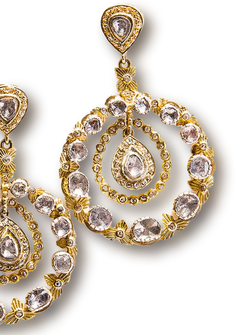 Rose Cut & Single cut Diamond Drop Earrings in Gold Plate over Sterling 2"-Earrings-Gretchen Ventura