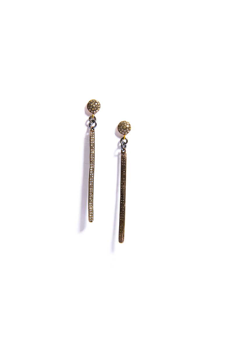 Oxidized Sterling & Diamond Drop Earrings on Rose Cut Diamond Post (2.5") #3521-Earrings-Gretchen Ventura