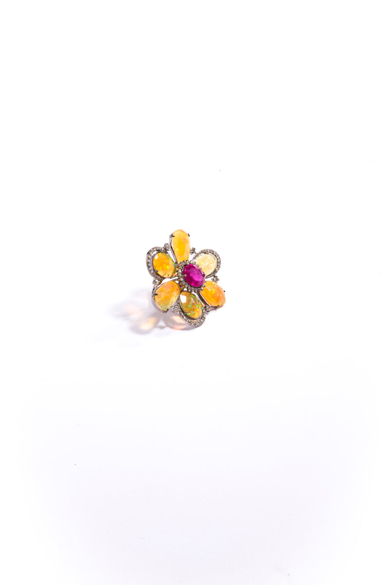 Ethiopian Opal, Ruby (13.97c) , Diamond (1.04c) in Sterling Silver Cocktail Ring Size 6.5 (1.63") #5037-Rings-Gretchen Ventura