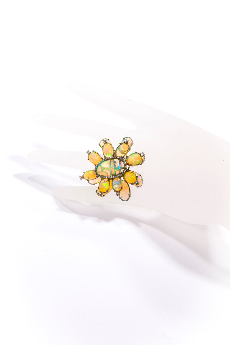 Ethiopian Opal (21.8c), Diamond (.7c) in Sterling Silver Cocktail Ring Size 7 (1.7" wide, 1.8" long) #5038-Rings-Gretchen Ventura
