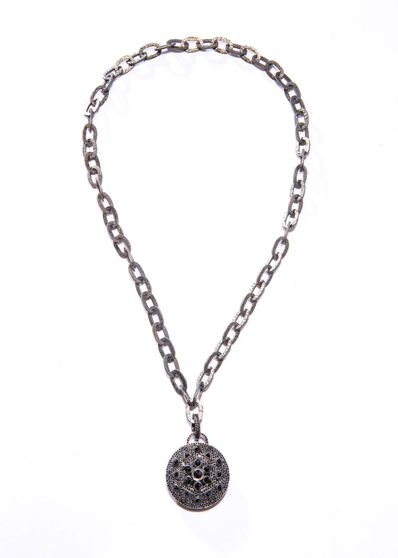Faceted & Pave Black Spinel on oxidized Sterling Silver Pendant (2") #7211-Neck Pendant-Gretchen Ventura