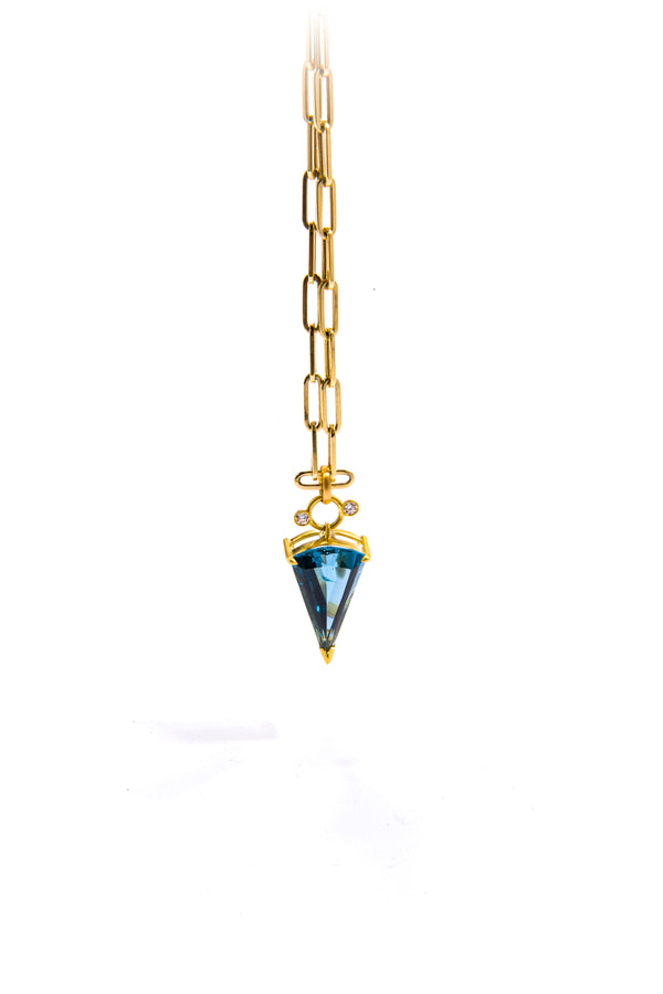 14K Yellow Gold w/ Brilliant cut Diamond, Faceted Blue London Topaz Dagger Drop Pendant #7250-Neck Pendant-Gretchen Ventura
