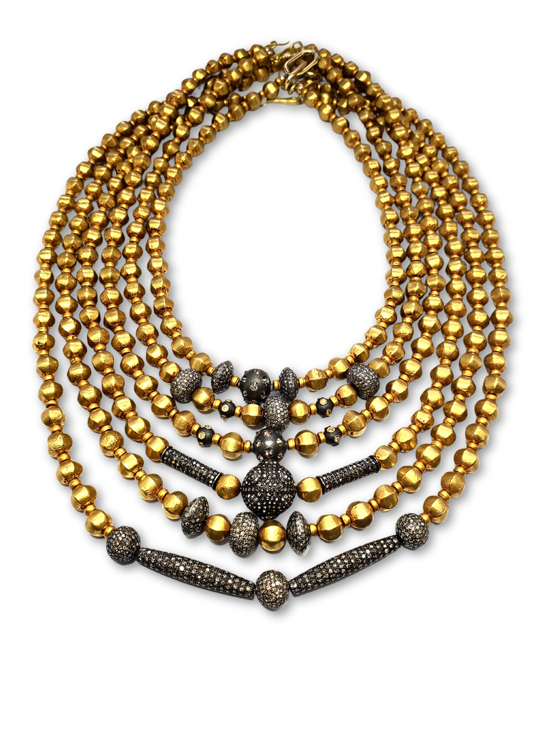 Vintage 20K Gold Over Wax & Solid 18K Gold Beads W/ Matte Sterling & 18k Gold & Brilliant Diamond Donut Beads Necklace (16") #9534-Necklaces-Gretchen Ventura