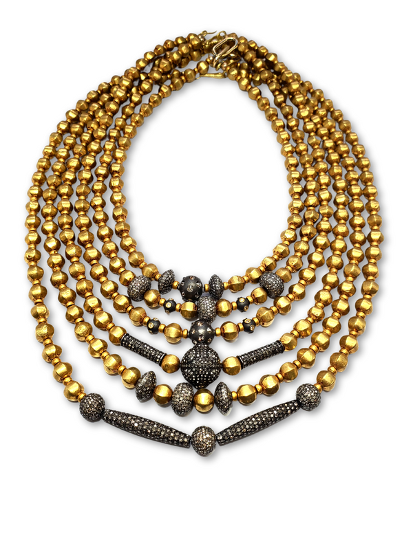 Vintage 20K Gold Over Wax & Solid 18K Gold Beads W/ Matte Sterling & 18K Gold & Brilliant Diamond Beads Necklace (18") #9530-Necklaces-Gretchen Ventura