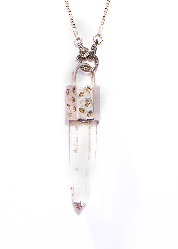 Crystal Pendant Capped w/ Sterling Silver & Conflict Free Diamond Slices & Sterling Silver Curb Chain #9193-Necklaces-Gretchen Ventura