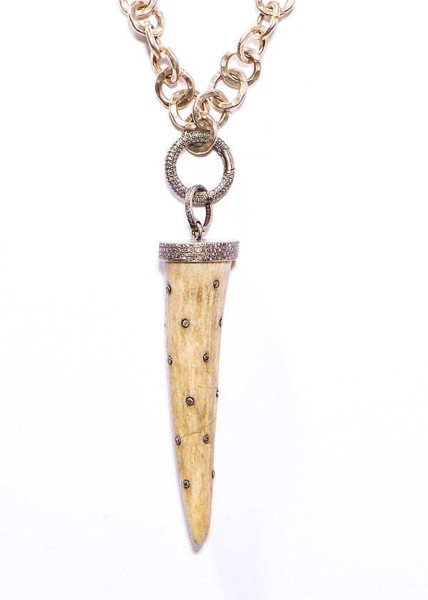 Hand Hammered Sterling Silver Chain w/Diamond Clasp and Diamond Encrusted Tusk (36"+3.5")-Necklaces-Gretchen Ventura