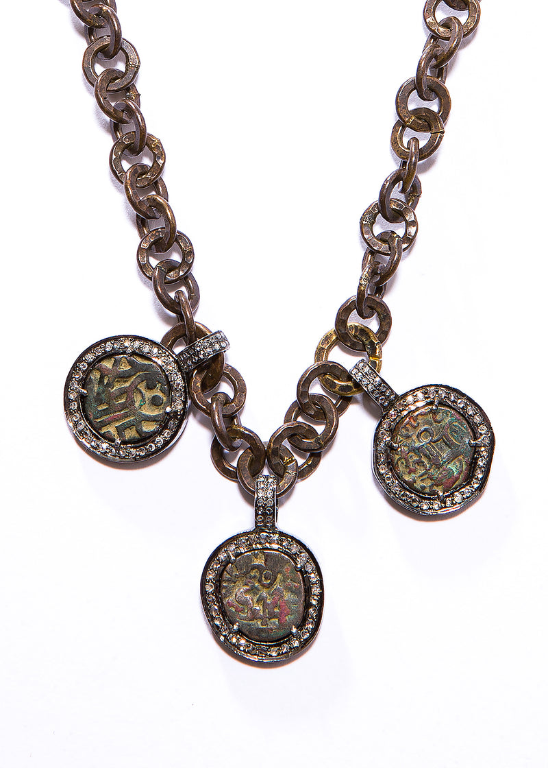 Patina'd Hand Hammered Brass Chain w/ Diamond Encrusted Shershah Suri, 500 years old coins #9304-Necklaces-Gretchen Ventura