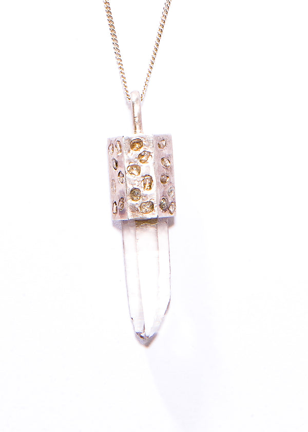 Raw Crystal Capped in Sterling Silver & Raw Diamonds w/ Sterling Silver Curb Chain #9420-Necklaces-Gretchen Ventura