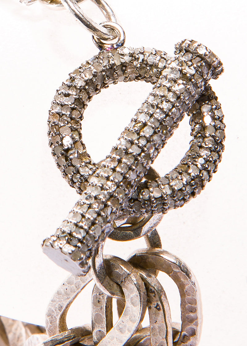 Acid Wash Hand Hammered Silver Links Bracelet w/ Pave Diamond Toggle #2848-Bracelets-Gretchen Ventura