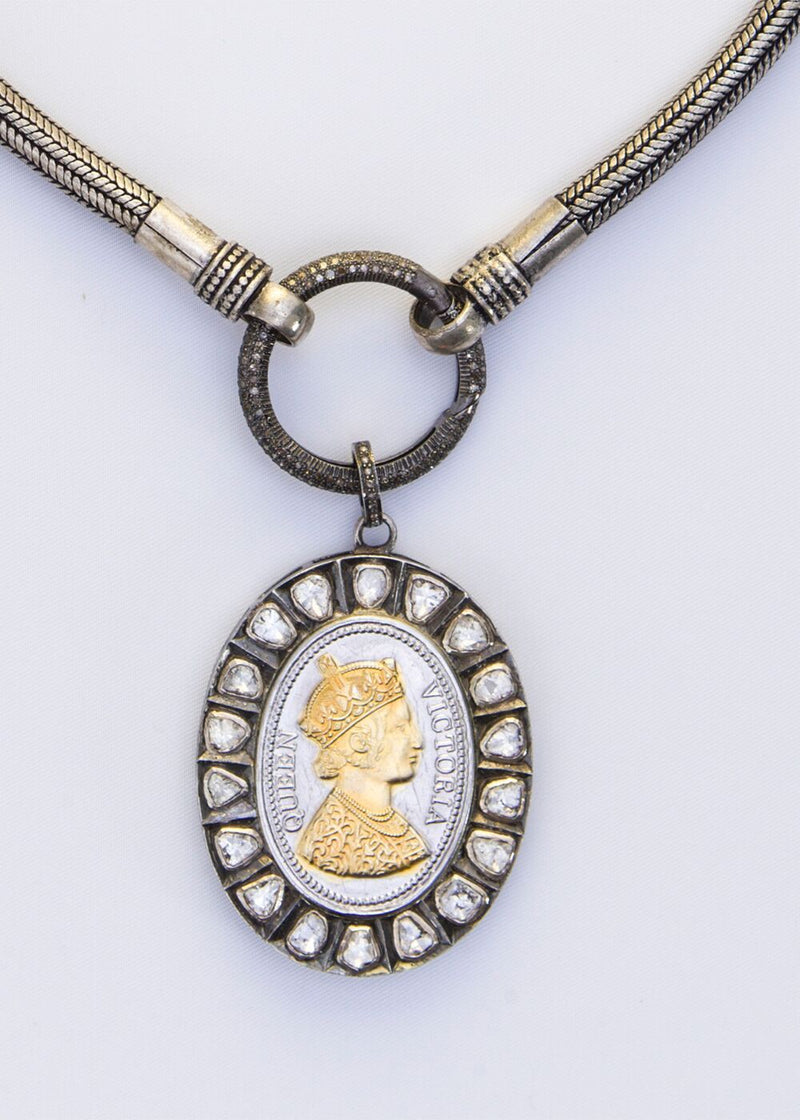 Hand Hammered Sterling Link Chain W/ Diamond Clasp & Rose cut Diamond, Sterling and Gold Plate Queen Victoria Medallion w/Vintage Silver Chain #9137-Necklaces-Gretchen Ventura