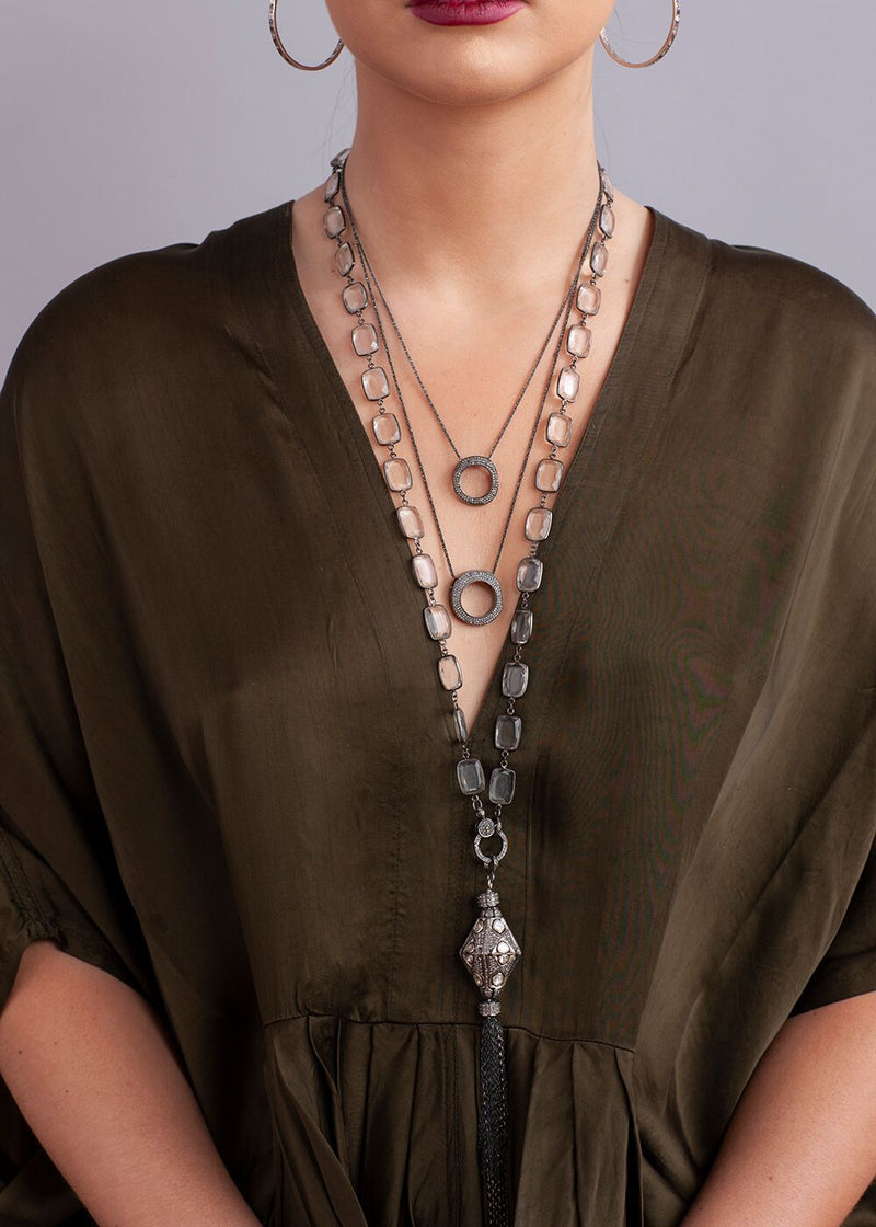 Emerald Cut Quartz Crystal in Sterling w/ Diamond Lobster Claw Clasp & Rose Cut and Pave Diamond Beads w/ Blackened Sterling Chain Tassel-Necklaces-Gretchen Ventura