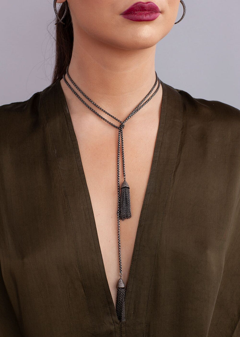 Pave Diamond & Sterling Chain Tassel on Blackened Sterling Chain #9150-Necklaces-Gretchen Ventura
