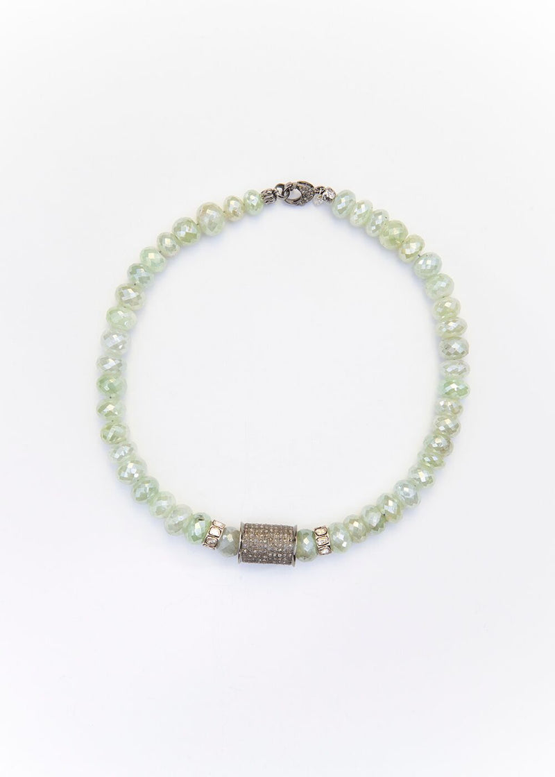 Faceted Prehnite Beads, Pave Diamond Tube and Rose cut Diamond Wheels #9174-Necklaces-Gretchen Ventura