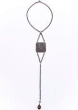 Black Spinel & Diamond Pave Plate w/ Oxidized Sterling Curb Chain & Tourmaline Diamond Drop #9250-Necklaces-Gretchen Ventura