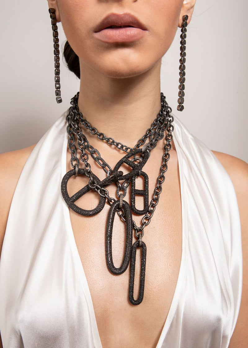 Blackened Hand Hammered Sterling Chain & Diamond Clasps w/ Rockstar Collection 2 #9285-Necklaces-Gretchen Ventura