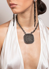 Rhodium Plated Sterling Chain w/ Diamond Rings & Clasp & Rockstar Black Spinel Plate #9298-Necklaces-Gretchen Ventura