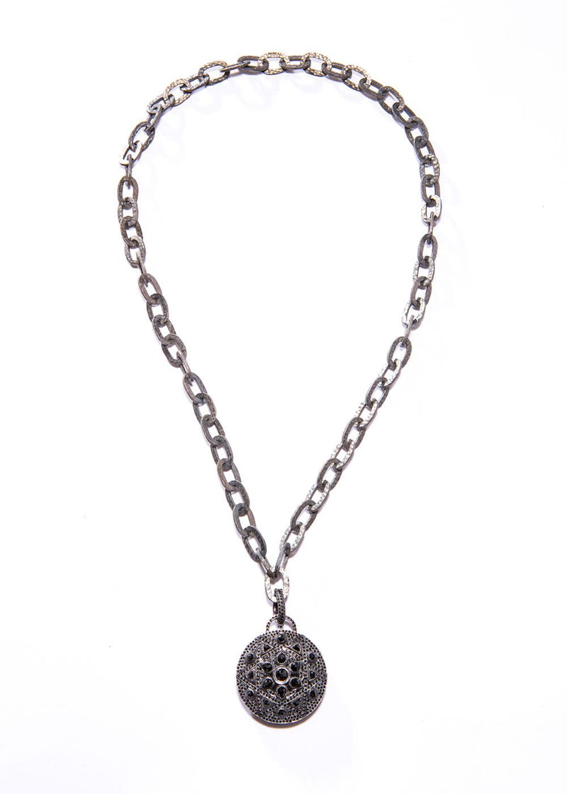 Rhodium Plated Sterling Hammered Large GV Chain w/ Oxidized Sterling & Black Spinel Pendant (24" + 2.25") #9435-Necklaces-Gretchen Ventura